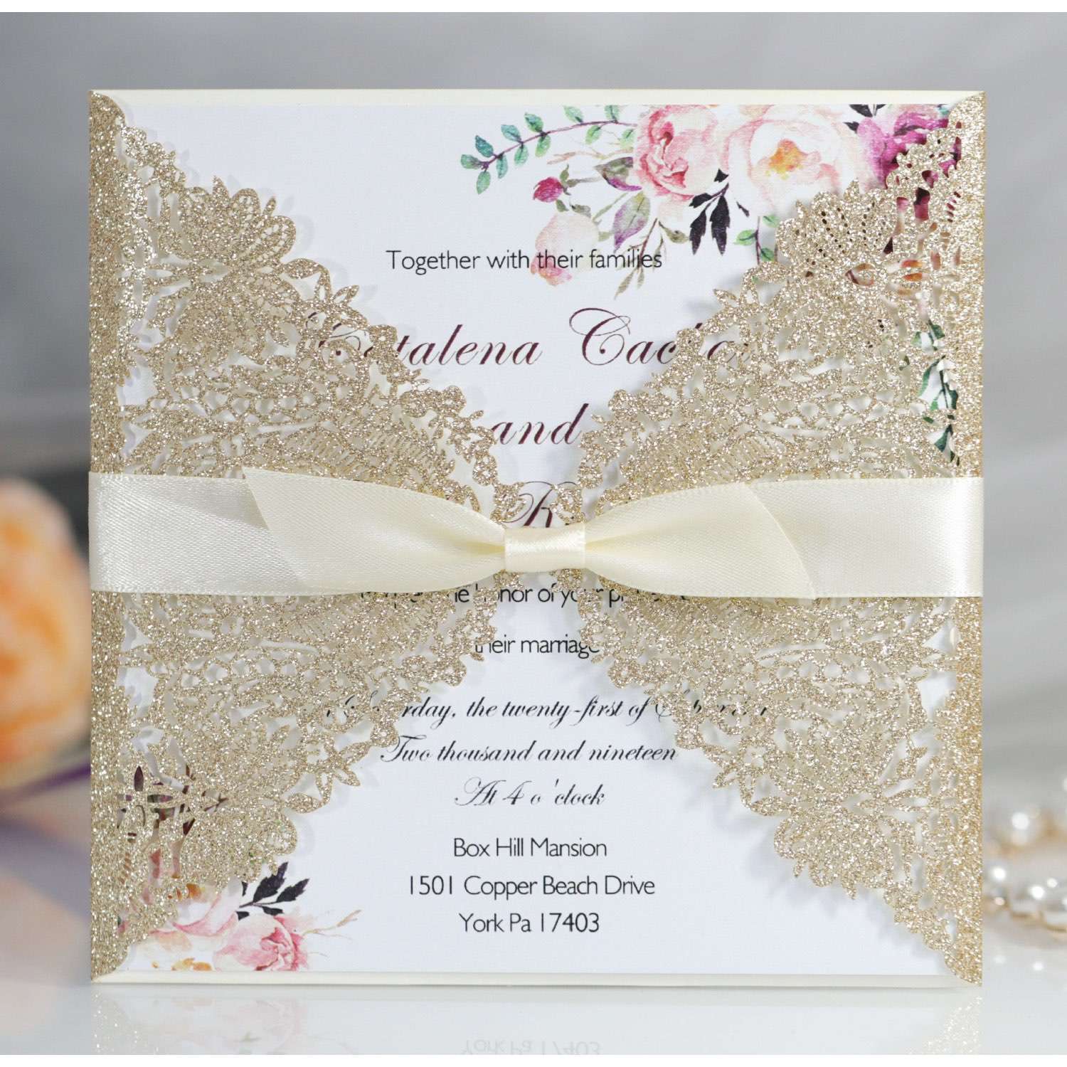 Invitation Card With Ribbon Bow Wedding Invitation Card Laser Cut Glitter Paper